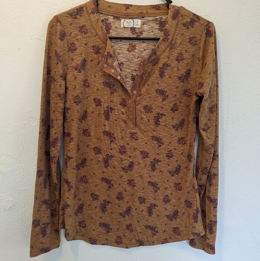 Long Sleeve Yellow Floral Henley Casual Retro Cozy Autumn